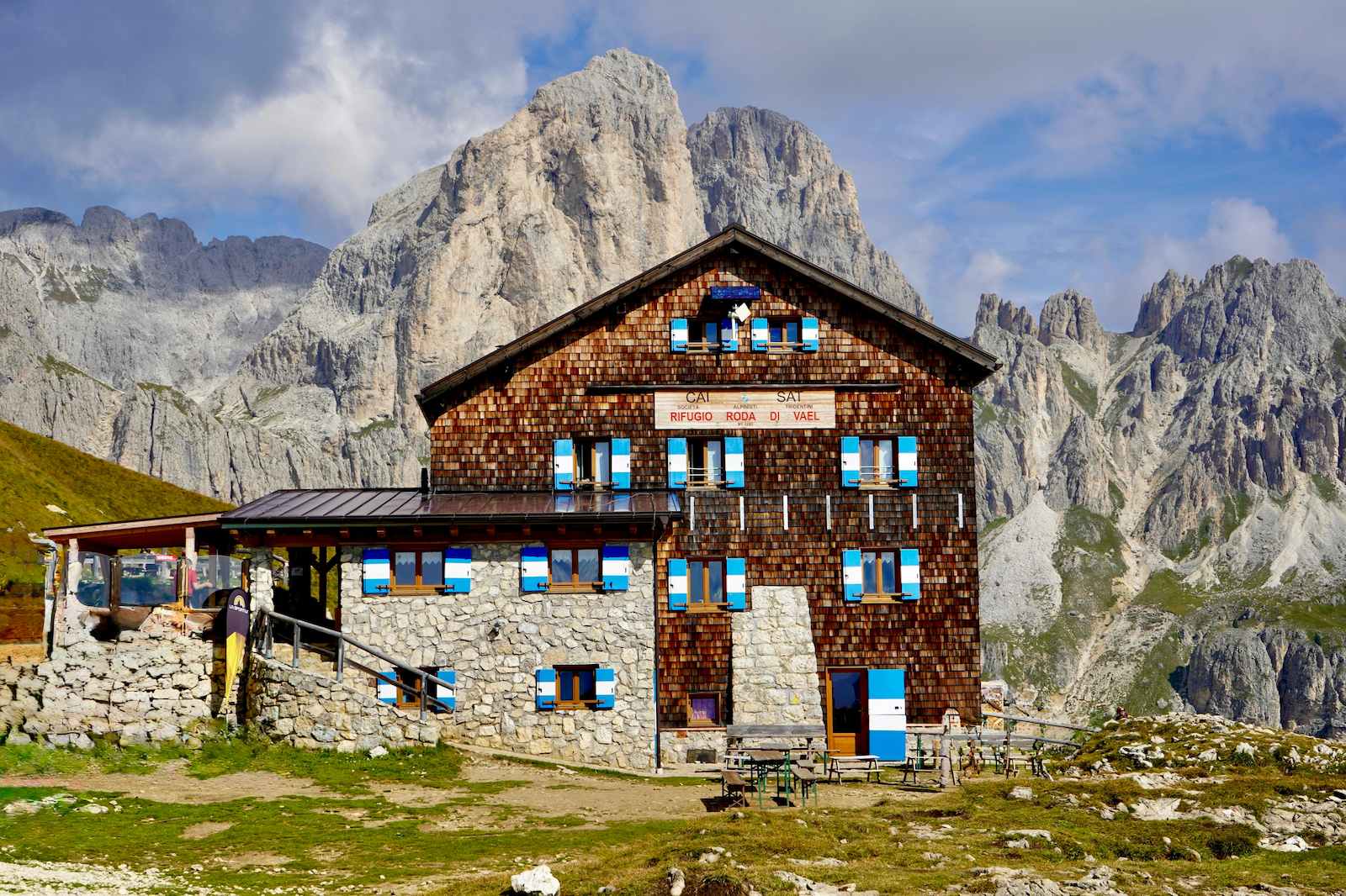 Mountain hut in the Dolomites at sunset
